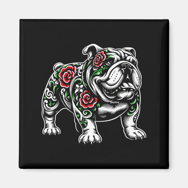 Bulldog Floral Red Rose Mens Womens  Magnet (Vorne)