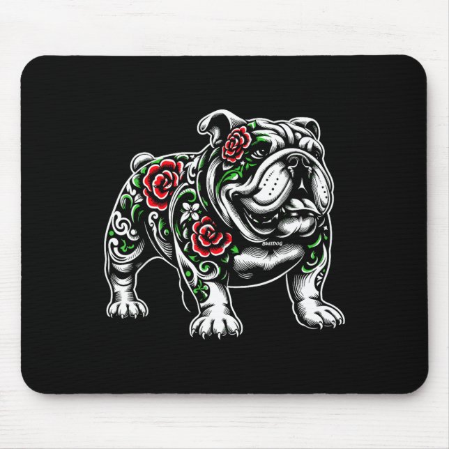 Bulldog Floral Red Rose Mens Womens  Mousepad (Vorne)
