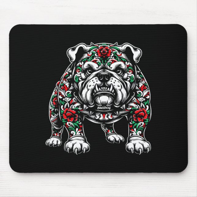 Bulldog Floral Red Rose Mens Womens  Mousepad (Vorne)