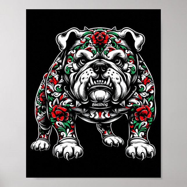 Bulldog Floral Red Rose Mens Womens  Poster (Vorne)