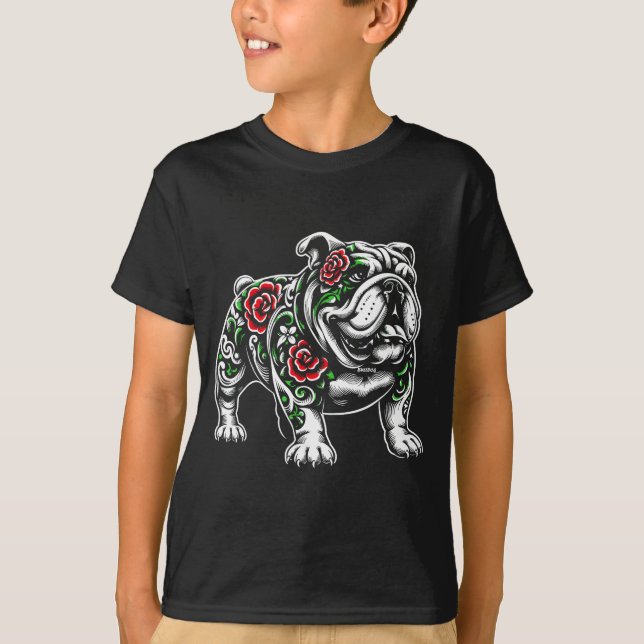 Bulldog Floral Red Rose Mens Womens  T-Shirt (Vorderseite)