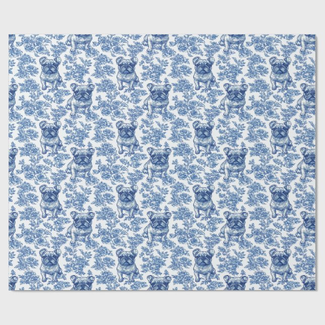 Bulldog Frenchie Blue Toile Muster Geschenkpapier (Flach)