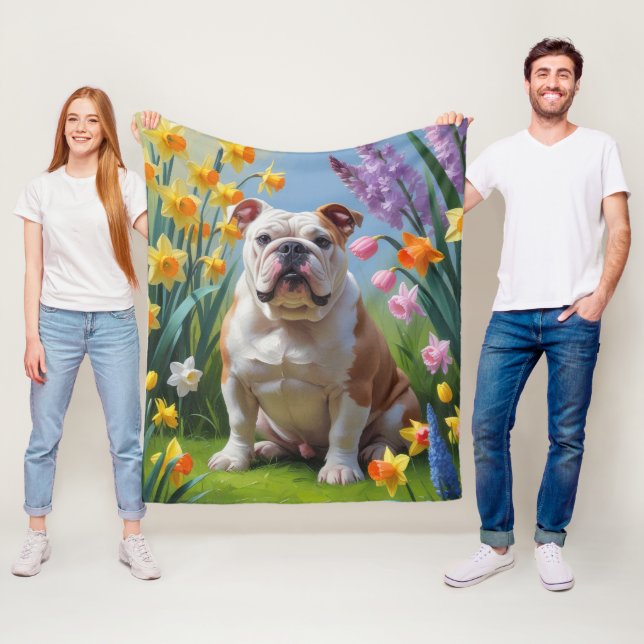 Bulldog-Frühlingsblumen Fleecedecke (Beispiel)