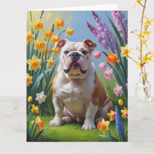 Bulldog-Frühlingsblumen Karte (Gelbe Blume)