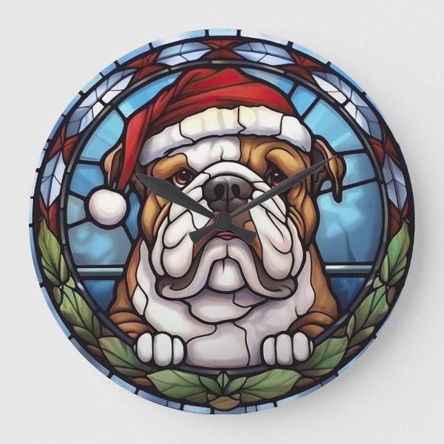 Bulldog gesteinigtes Glass Weihnachten Große Wanduhr (Vorderseite)