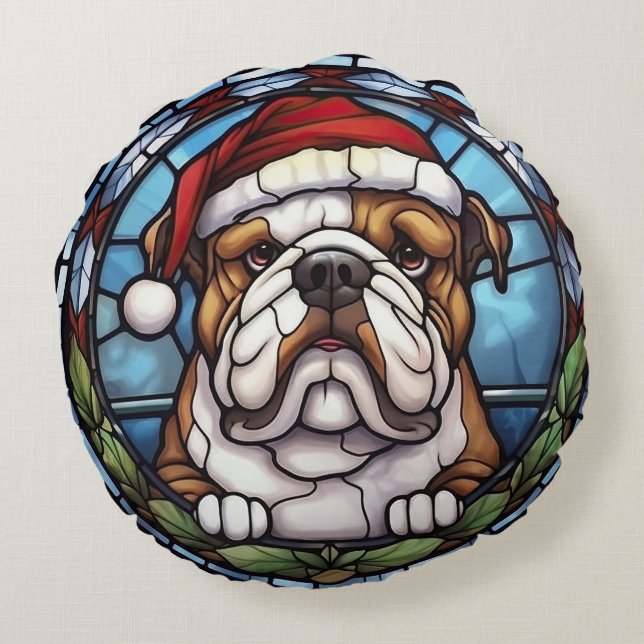 Bulldog gesteinigtes Glass Weihnachten Rundes Kissen (Rückseite)