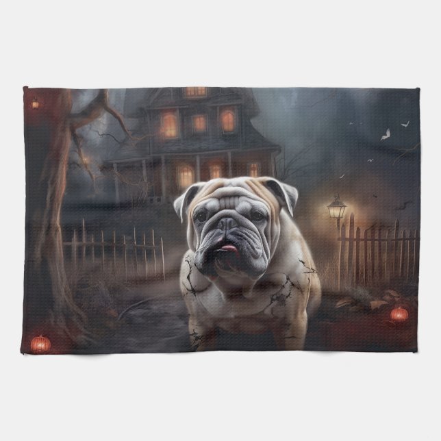 Bulldog Halloween Beängstigend Geschirrtuch (Horizontal)