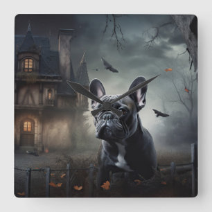 Bulldog Halloween Beängstigend Quadratische Wanduhr