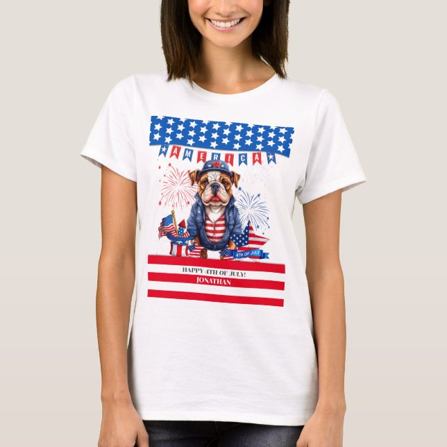 Bulldog Happy 4. Juli America Independence Day T-Shirt (Vorderseite)