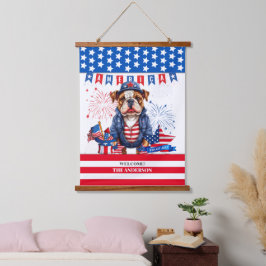 Bulldog Happy 4. Juli America Independence Day Wandteppich Mit Holzrahmen