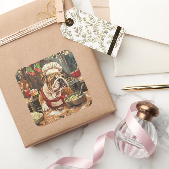 Bulldog Holiday Baking: Festliche Weihnachten Quadratischer Aufkleber (Schenken)