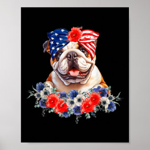 Bulldog Hund Bandana American Flag 4. Juli Poster