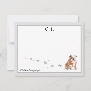 Bulldog Hund Grau-Border Monogram & Name Mitteilungskarte