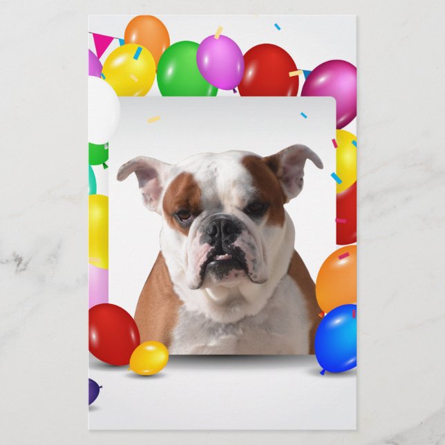 Bulldog Hund mit bunten Balloons Geburtstag Thema Briefpapier (Vorderseite)