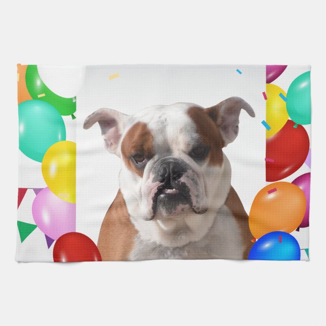 Bulldog Hund mit bunten Balloons Geburtstag Thema Geschirrtuch (Horizontal)