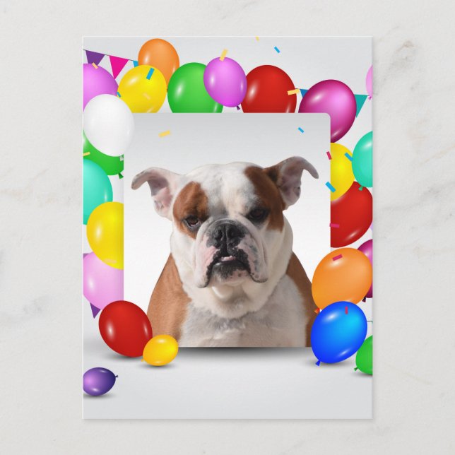 Bulldog Hund mit bunten Balloons Geburtstag Thema Postkarte (Vorderseite)