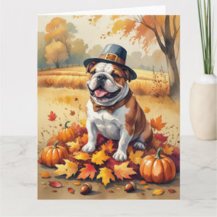 Bulldog im Herbst hinterlässt Erntedank Kunst Karte