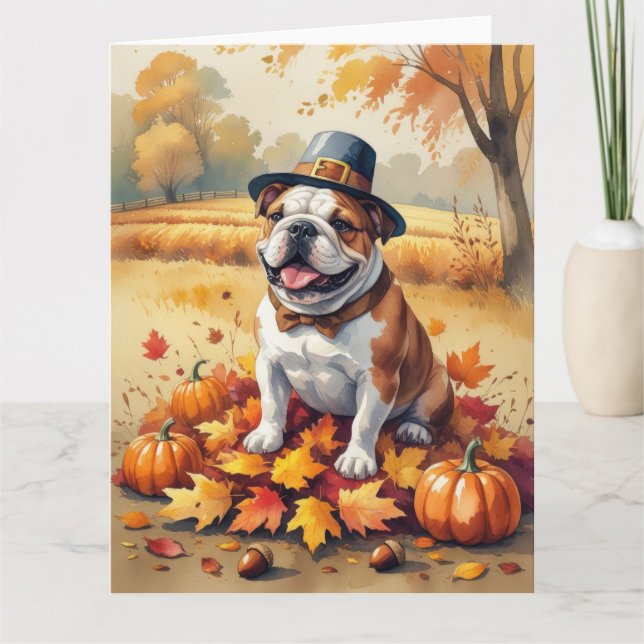 Bulldog im Herbst hinterlässt Erntedank Kunst Karte (Vorderseite)