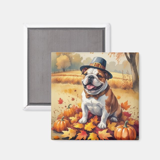 Bulldog im Herbst hinterlässt Erntedank Kunst Magnet (Vorderseite/Rückseite)