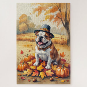 Bulldog im Herbst hinterlässt Erntedank Kunst Puzzle