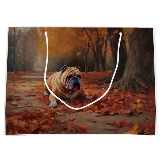 Bulldog im Herbst Leaves Fall Inspiriert Große Geschenktüte (Vorderseite)