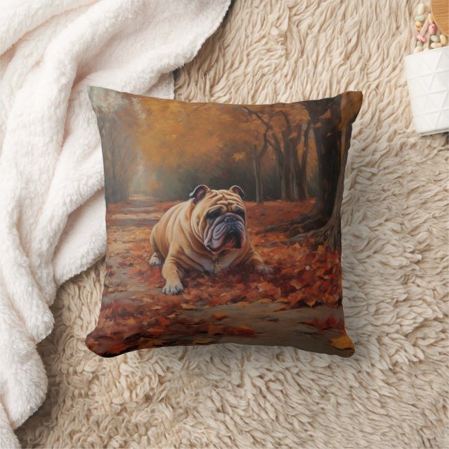 Bulldog im Herbst Leaves Fall Inspiriert Kissen (Decke)