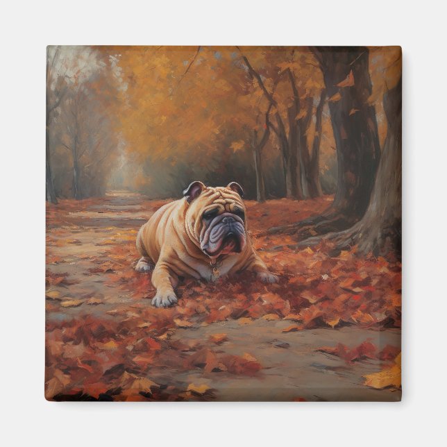 Bulldog im Herbst Leaves Fall Inspiriert Magnet (Vorne)