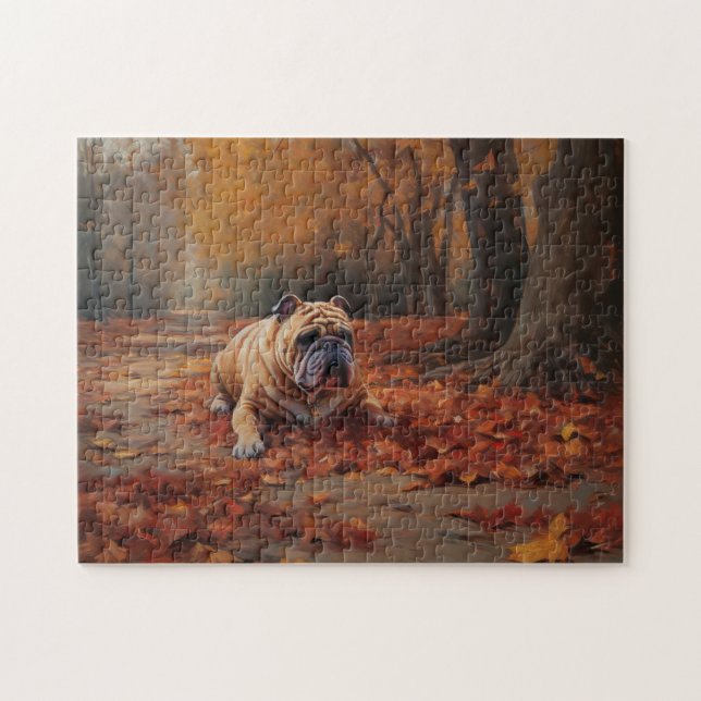 Bulldog im Herbst Leaves Fall Inspiriert Puzzle (Horizontal)