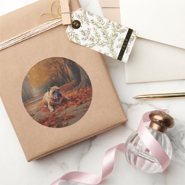 Bulldog im Herbst Leaves Fall Inspiriert Runder Aufkleber (Schenken)