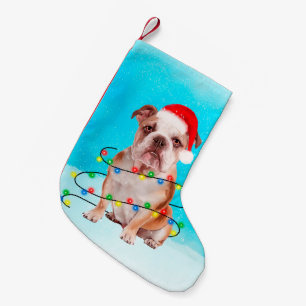 Bulldog im Schnee sitzen mit Lights Christmas Hat Kleiner Weihnachtsstrumpf