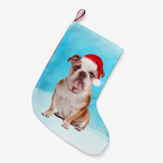 Bulldog im Schnee sitzen mit Weihnachten-Weihnacht Kleiner Weihnachtsstrumpf (Vorderansicht (hängend))