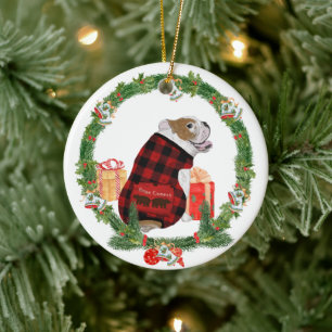 Bulldog im Weihnachtskranz Keramik Ornament