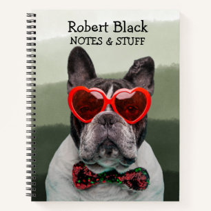 Bulldog in Herzbrille und Bugs-Krawatte-Notebook Notizbuch