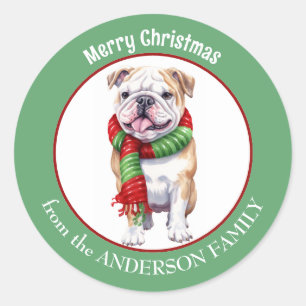 Bulldog in Red and Green Christmas Scarf Runder Aufkleber