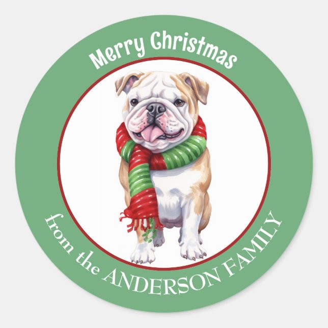 Bulldog in Red and Green Christmas Scarf Runder Aufkleber (Vorderseite)