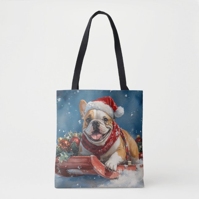 Bulldog in Sledge Lass es Schnee Weihnachten (Vorderseite)