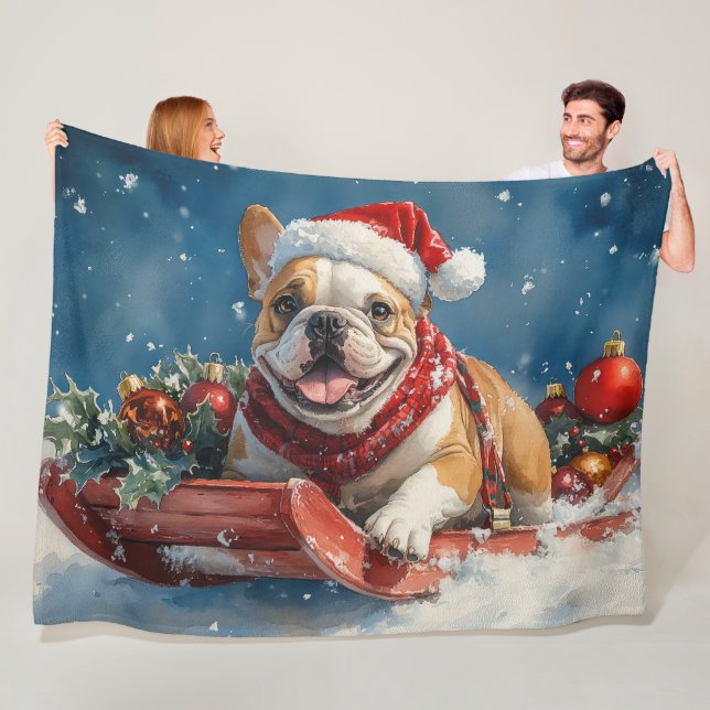 Bulldog in Sledge Lass es Schnee Weihnachten Fleecedecke (Beispiel)