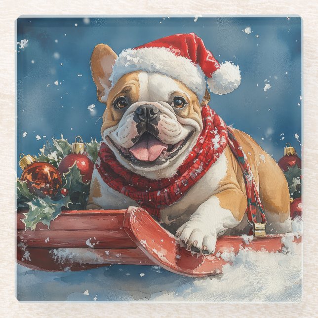 Bulldog in Sledge Lass es Schnee Weihnachten Glasuntersetzer (Vorderseite)