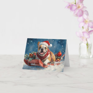 Bulldog in Sledge Lass es Schnee Weihnachten Karte