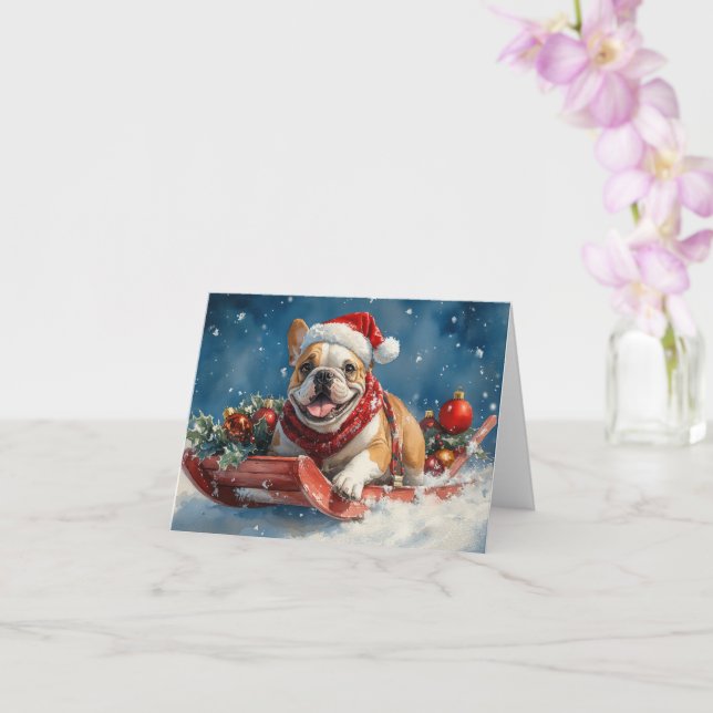 Bulldog in Sledge Lass es Schnee Weihnachten Karte (Orchidee)