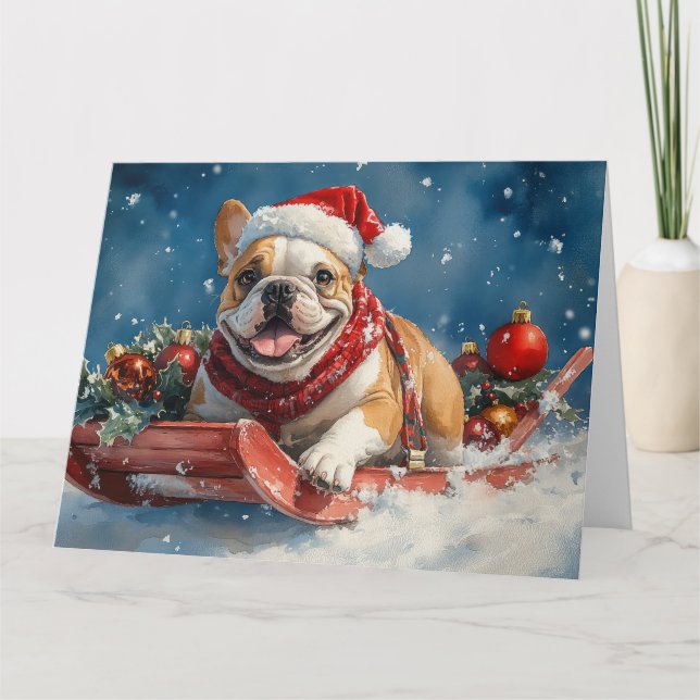 Bulldog in Sledge Lass es Schnee Weihnachten Karte (Vorderseite)