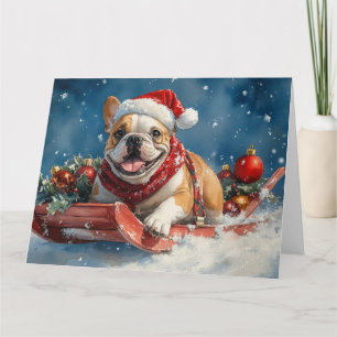 Bulldog in Sledge Lass es Schnee Weihnachten Karte