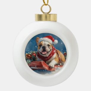 Bulldog in Sledge Lass es Schnee Weihnachten Keramik Kugel-Ornament