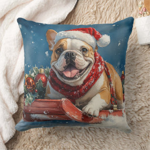 Bulldog in Sledge Lass es Schnee Weihnachten Kissen