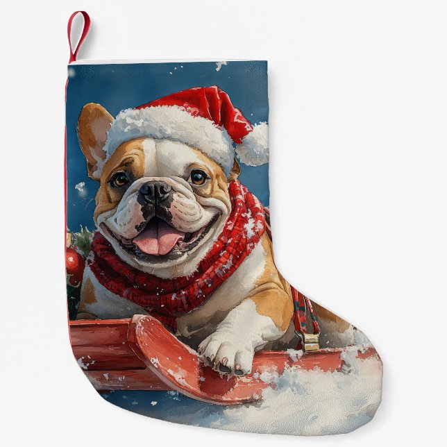 Bulldog in Sledge Lass es Schnee Weihnachten Kleiner Weihnachtsstrumpf (Vorderseite)