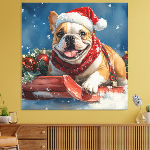 Bulldog in Sledge Lass es Schnee Weihnachten Leinwanddruck