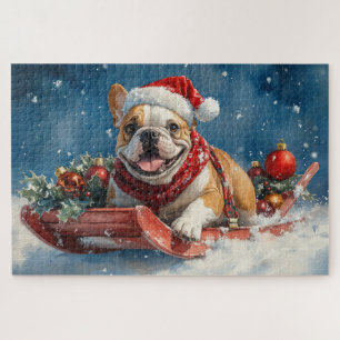 Bulldog in Sledge Lass es Schnee Weihnachten Puzzle