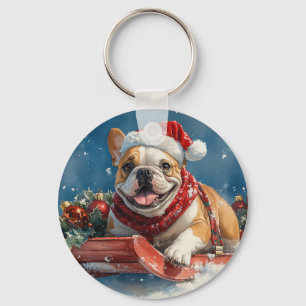 Bulldog in Sledge Lass es Schnee Weihnachten Schlüsselanhänger