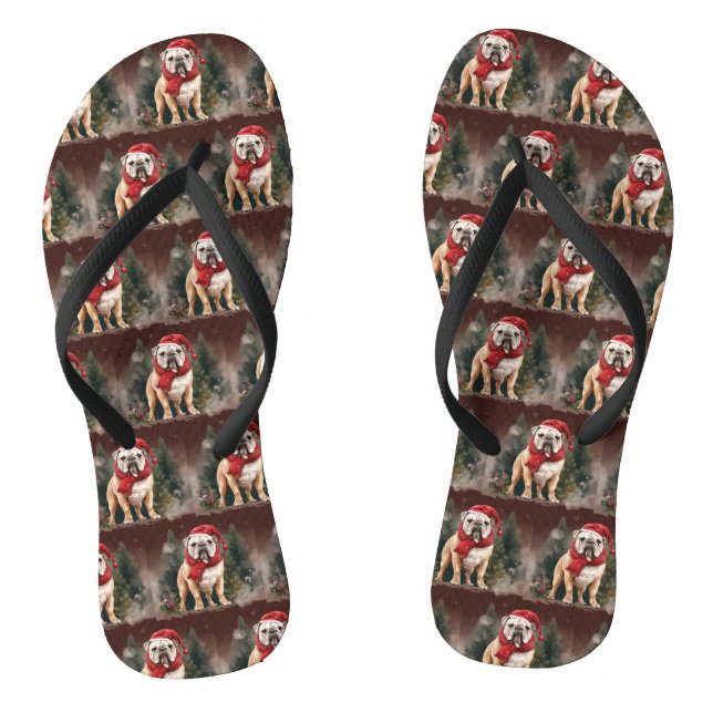Bulldog in Snow Christmas Flip Flops (Fußbett)