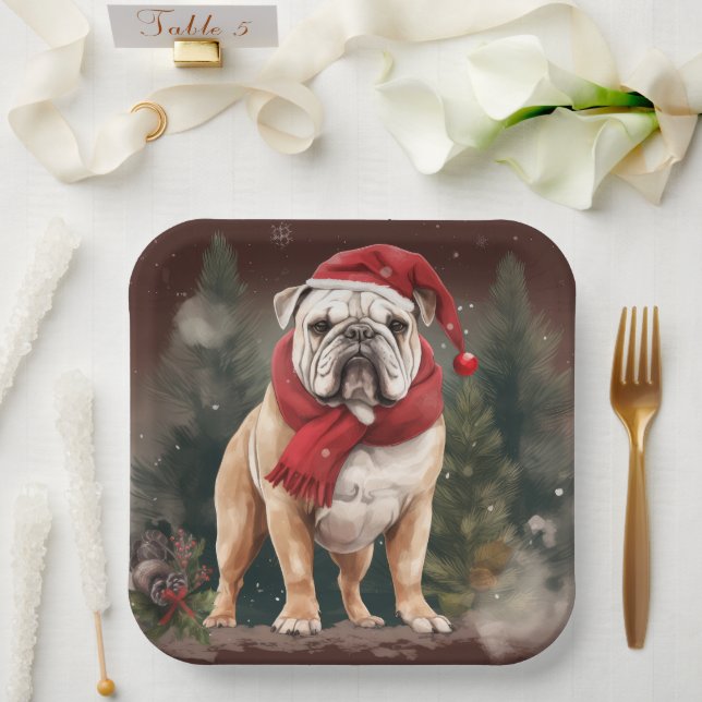 Bulldog in Snow Christmas Pappteller (Hochzeit)